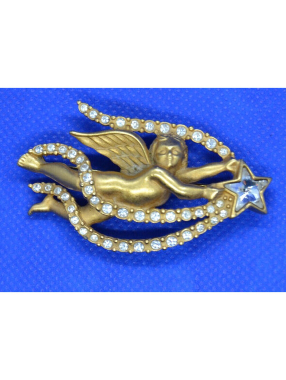 Vintage Swarovski Signed Angel Star Crystal Brooch Gold Tone 2.25"